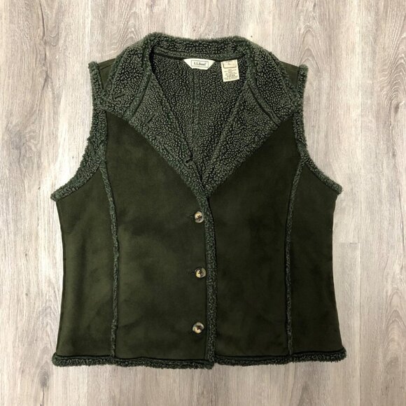 L.L. Bean Jackets & Blazers - L.L. Bean Women's Size Large Green Vegan Suede Shearling Fleece Vest Penny Lane